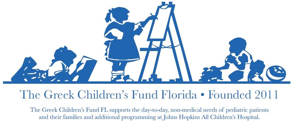 The Greek Children's Fund Florida Logo with text saying "The Greek Children's Fund FL supports the day-to-day, non-medical needs of pediactric patients and their families and additional programming at Johns Hopkins All Children's Hospital.